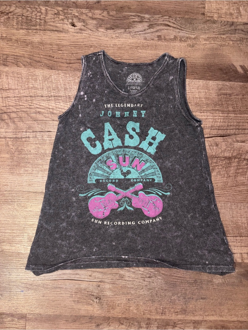 Johnny Cash Sun Records tank top with blue/pink graphic featuring crossed guitar
